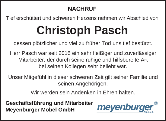 Traueranzeige von Christoph Pasch von Nordkurier Müritz-Zeitung