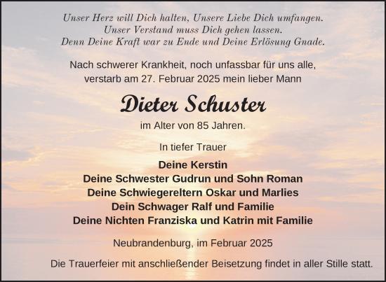 Traueranzeige von Dieter Schuster von Nordkurier Neubrandenburger Zeitung