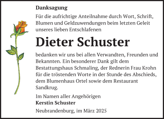 Traueranzeige von Dieter Schuster von Nordkurier Neubrandenburger Zeitung