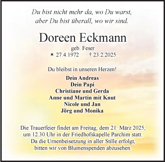 Traueranzeige von Doreen Eckmann von Parchim und Lübz