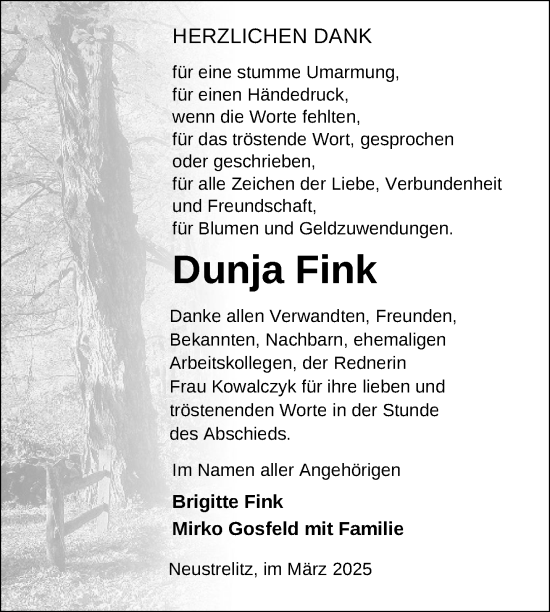 Traueranzeige von Dunja Fink von Nordkurier Strelitzer Zeitung