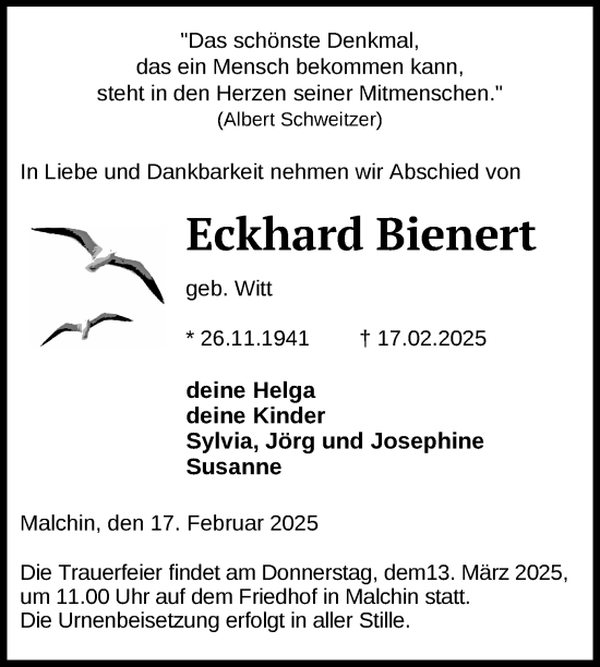 Traueranzeige von Eckhard Bienert von Nordkurier Mecklenburger Schweiz
