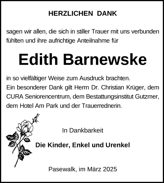 Traueranzeige von Edith Barnewske von Nordkurier Pasewalker Zeitung