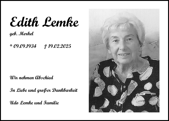 Traueranzeige von Edith Lemke von Norddeutsche Neueste Nachrichten
