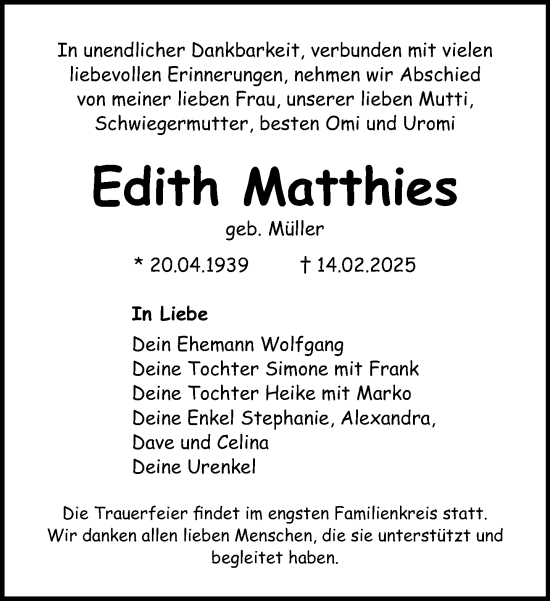 Traueranzeige von Edith Matthies von Norddeutsche Neueste Nachrichten