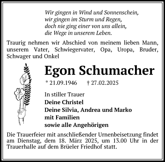 Traueranzeige von Egon Schumacher von Anzeiger für Sternberg - Brüel - Warin