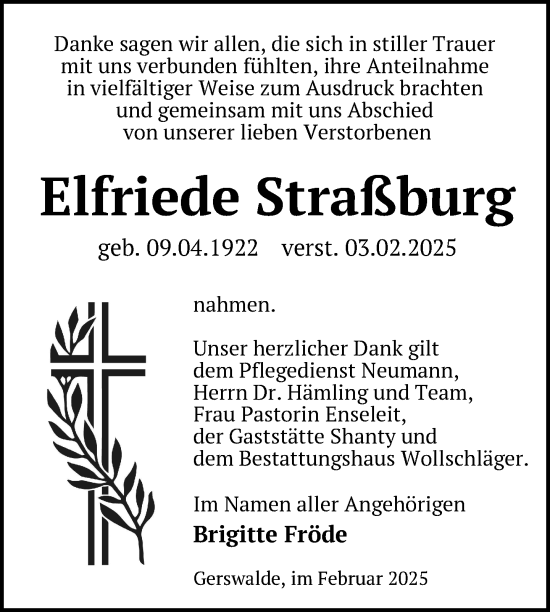 Traueranzeige von Elfriede Straßburg von Uckermark Kurier Templiner Zeitung