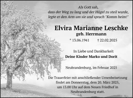 Traueranzeige von Elvira Marianne Leschke von Nordkurier Neubrandenburger Zeitung
