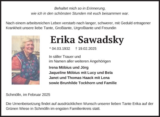 Traueranzeige von Erika Sawadsky von Uckermark Kurier Prenzlauer Zeitung