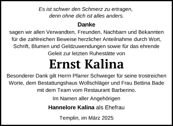Traueranzeige von Ernst Kalina von Uckermark Kurier Templiner Zeitung