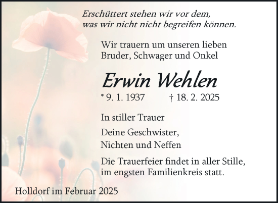 Traueranzeige von Erwin Wehlen von Nordkurier Neubrandenburger Zeitung