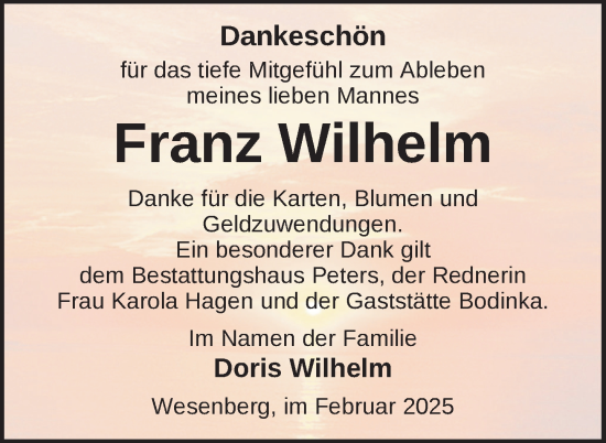 Traueranzeige von Franz Wilhelm von Nordkurier Strelitzer Zeitung