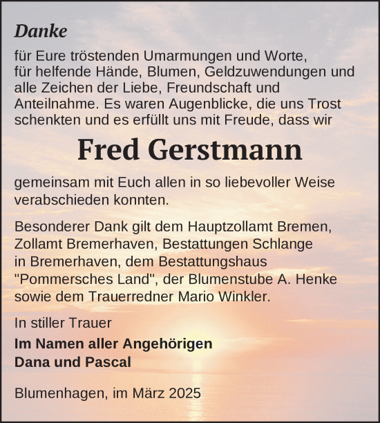 Traueranzeige von Fred Gerstmann von Nordkurier Pasewalker Zeitung