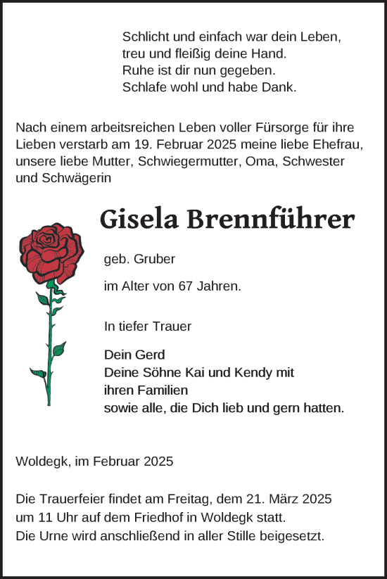 Traueranzeige von Gisela Brennführer von Nordkurier Strelitzer Zeitung