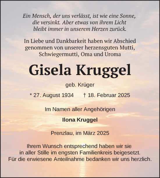 Traueranzeige von Gisela Kruggel von Uckermark Kurier Prenzlauer Zeitung
