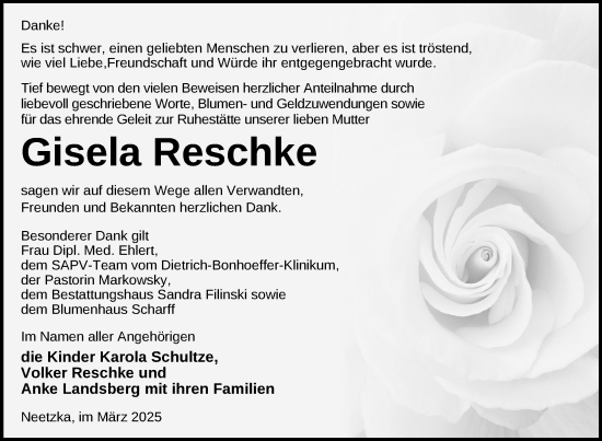 Traueranzeige von Gisela Reschke von Nordkurier Strelitzer Zeitung