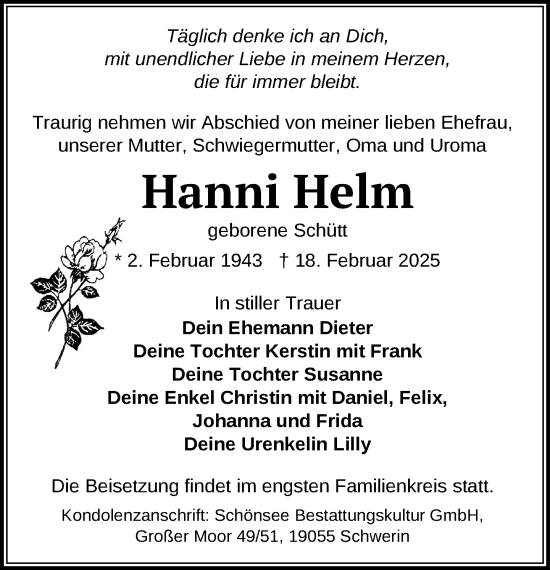 Traueranzeige von Hanni Helm von Zeitung für die Landeshauptstadt