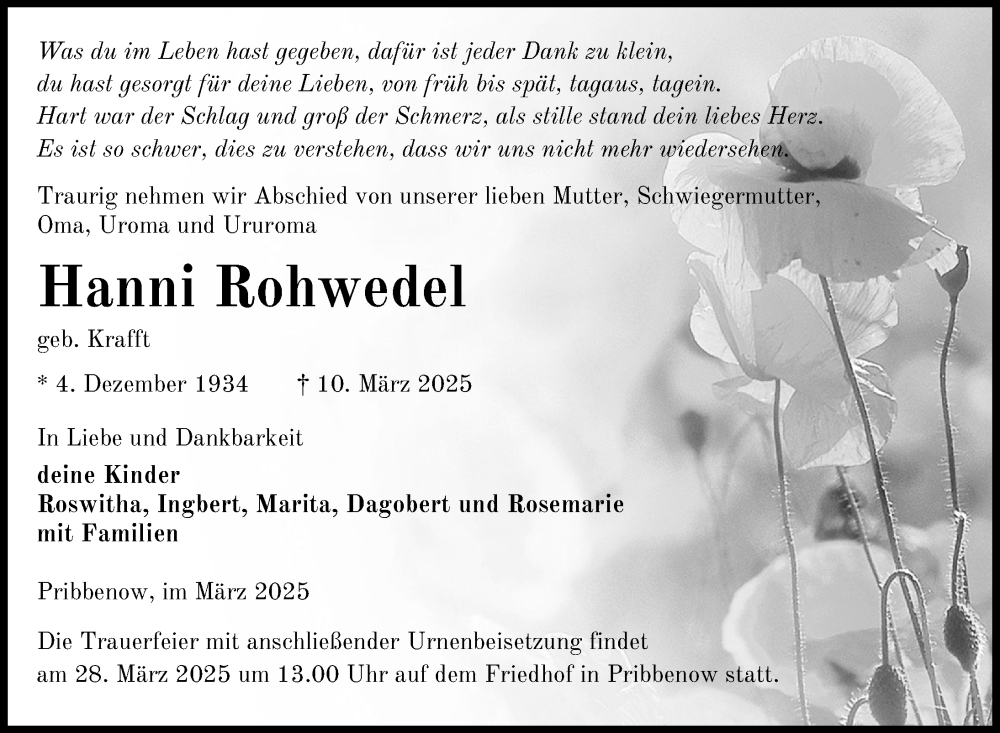  Traueranzeige für Hanni Rohwedel vom 25.03.2025 aus Nordkurier Mecklenburger Schweiz