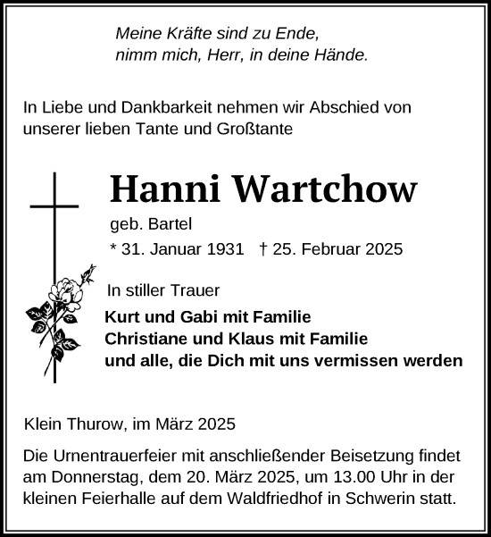 Traueranzeige von Hanni Wartchow von Gadebusch - Rehnaer Zeitung