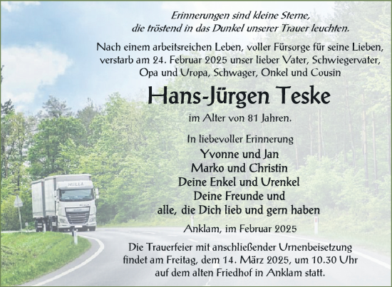 Traueranzeige von Hans-Jürgen Teske von Nordkurier Vorpommern Kurier