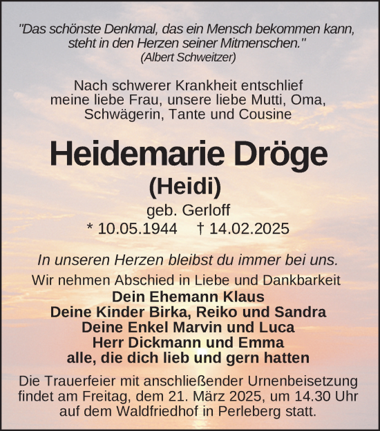 Traueranzeige von Heidemarie Dröge von Der Prignitzer, Prignitz Express
