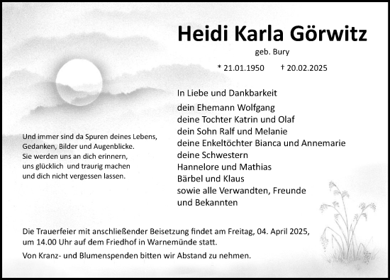 Traueranzeige von Heidi Karla Görwitz von Norddeutsche Neueste Nachrichten