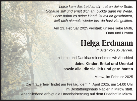 Traueranzeige von Helga Erdmann von Nordkurier Strelitzer Zeitung