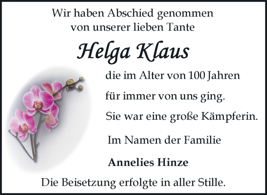 Traueranzeige von Helga Klaus von Nordkurier Müritz-Zeitung