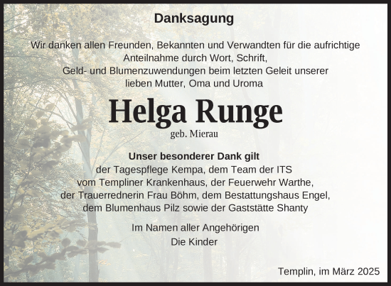 Traueranzeige von Helga Runge von Uckermark Kurier Templiner Zeitung