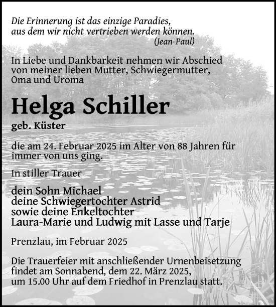 Traueranzeige von Helga Schiller von Uckermark Kurier Prenzlauer Zeitung