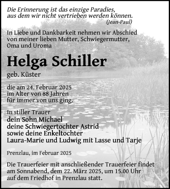 Traueranzeige von Helga Schiller von Uckermark Kurier Prenzlauer Zeitung