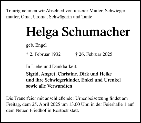 Traueranzeige von Helga Schumacher von Norddeutsche Neueste Nachrichten