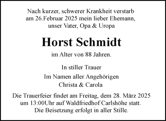 Traueranzeige von Horst Schmidt von Nordkurier Neubrandenburger Zeitung