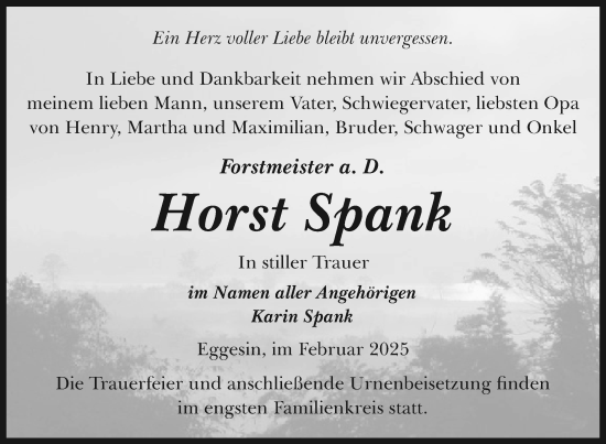 Traueranzeige von Horst Spank von Nordkurier Haff-Zeitung