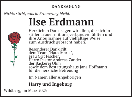 Traueranzeige von Ilse Erdmann von Nordkurier Neubrandenburger Zeitung