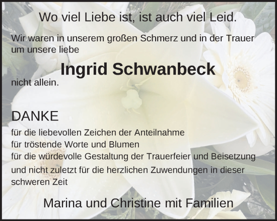 Traueranzeige von Ingrid Schwanbeck von Zeitung für die Landeshauptstadt