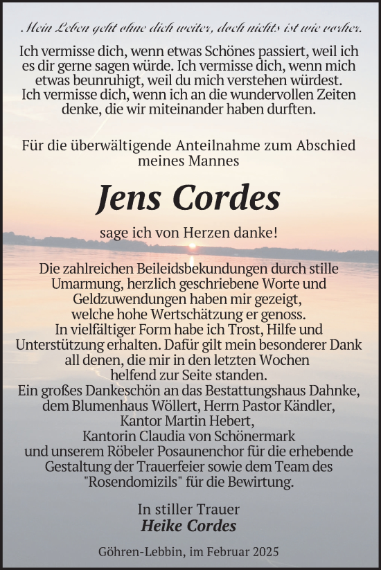 Traueranzeige von Jens Cordes von Nordkurier Müritz-Zeitung