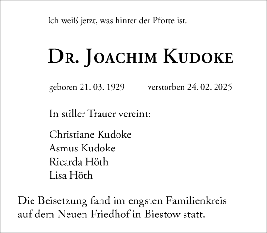 Traueranzeige von Joachim Kudoke von Norddeutsche Neueste Nachrichten