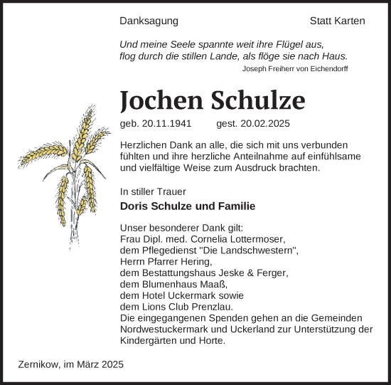 Traueranzeige von Jochen Schulze von Uckermark Kurier Prenzlauer Zeitung