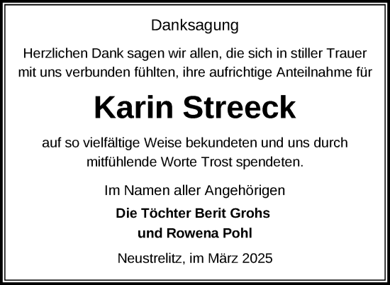 Traueranzeige von Karin Streeck von Nordkurier Strelitzer Zeitung