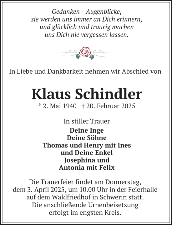 Traueranzeige von Klaus Schindler von Zeitung für die Landeshauptstadt