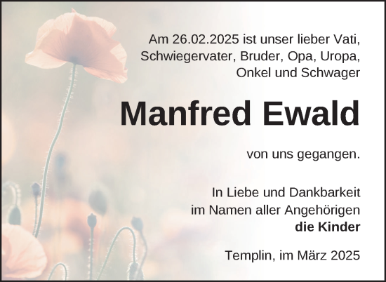 Traueranzeige von Manfred Ewald von Uckermark Kurier Templiner Zeitung