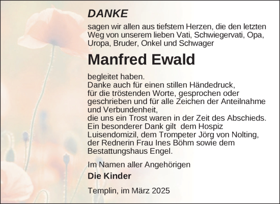 Traueranzeige von Manfred Ewald von Uckermark Kurier Templiner Zeitung