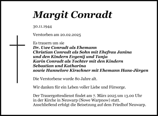 Traueranzeige von Margit Conradt von Nordkurier Haff-Zeitung