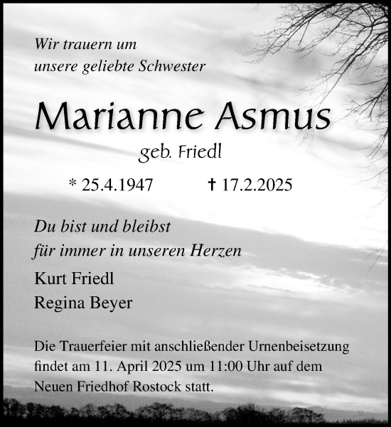Traueranzeige von Marianne Asmus von Norddeutsche Neueste Nachrichten