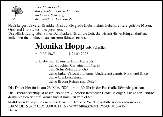 Traueranzeige von Monika Hopp von Norddeutsche Neueste Nachrichten