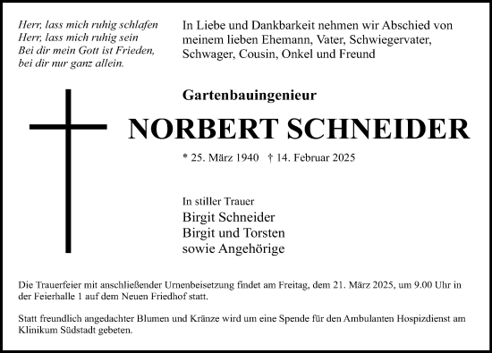 Traueranzeige von Norbert Schneider von Norddeutsche Neueste Nachrichten