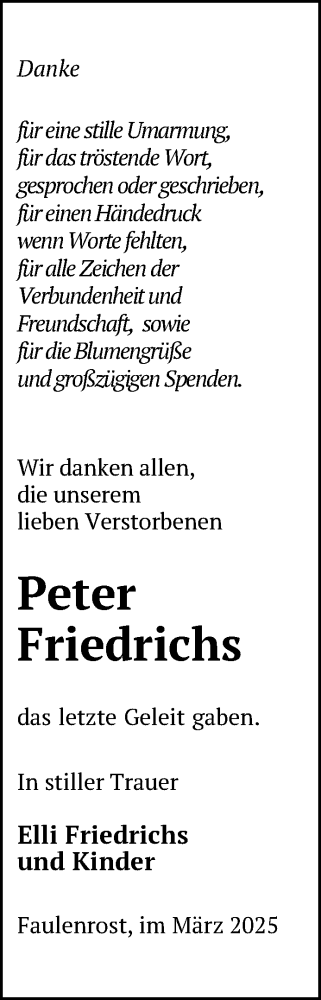 Traueranzeige von Peter Friedrichs von Nordkurier Mecklenburger Schweiz
