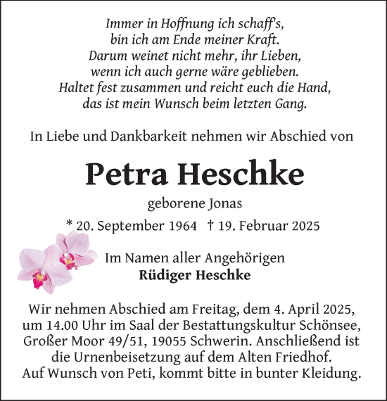 Traueranzeige von Petra Heschke von Zeitung für die Landeshauptstadt