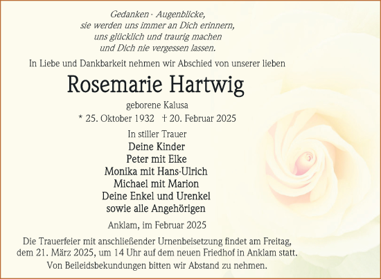 Traueranzeige von Rosemarie Hartwig von Nordkurier Vorpommern Kurier